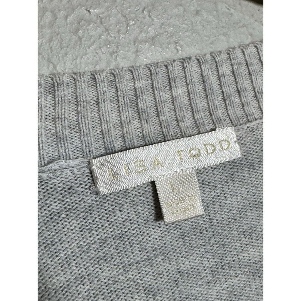 LISA TODD Knit Gray V-neck Sweater Sequin Elbow Patches Size L - Picture 2 of 4